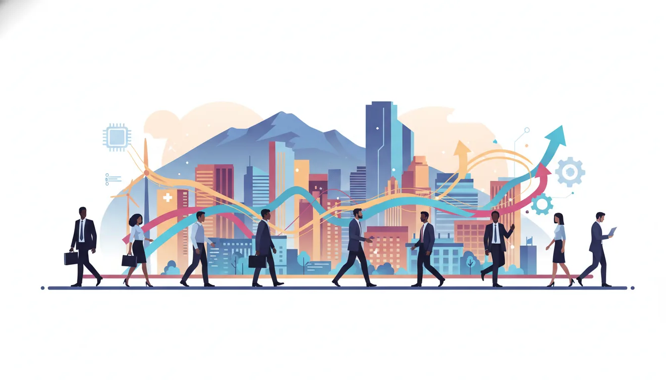Editorial illustration of the El Paso (CO) job market with local industry and data motifs