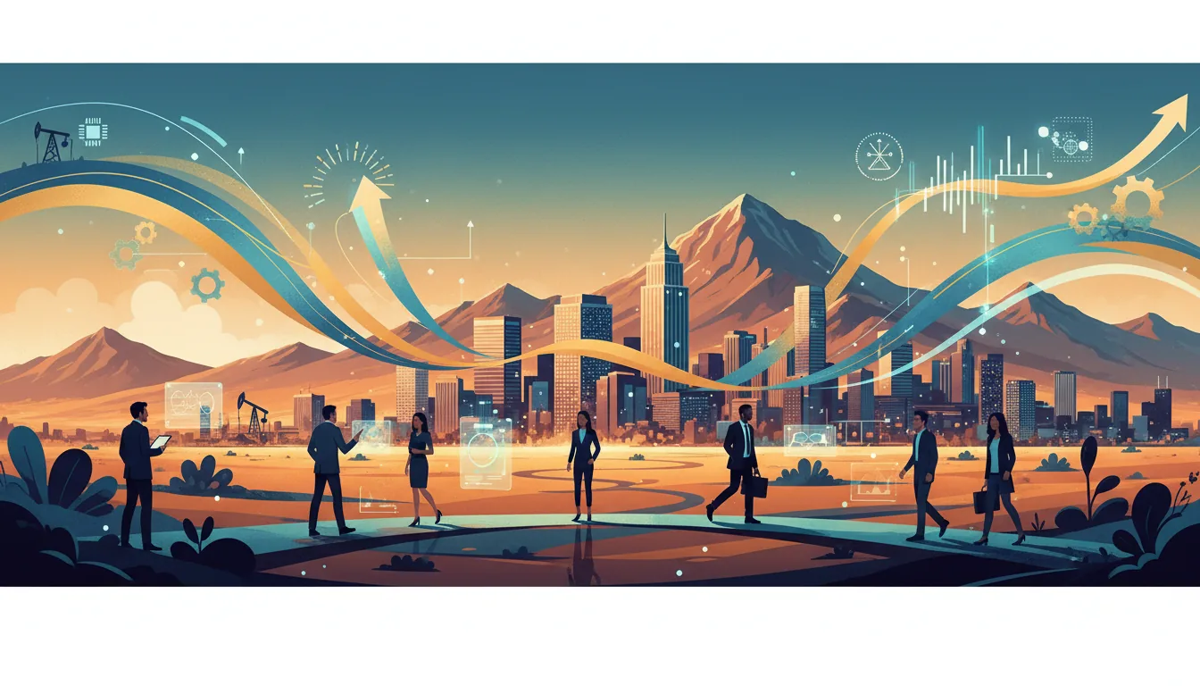 Editorial illustration of the El Paso job market with local industry and data motifs