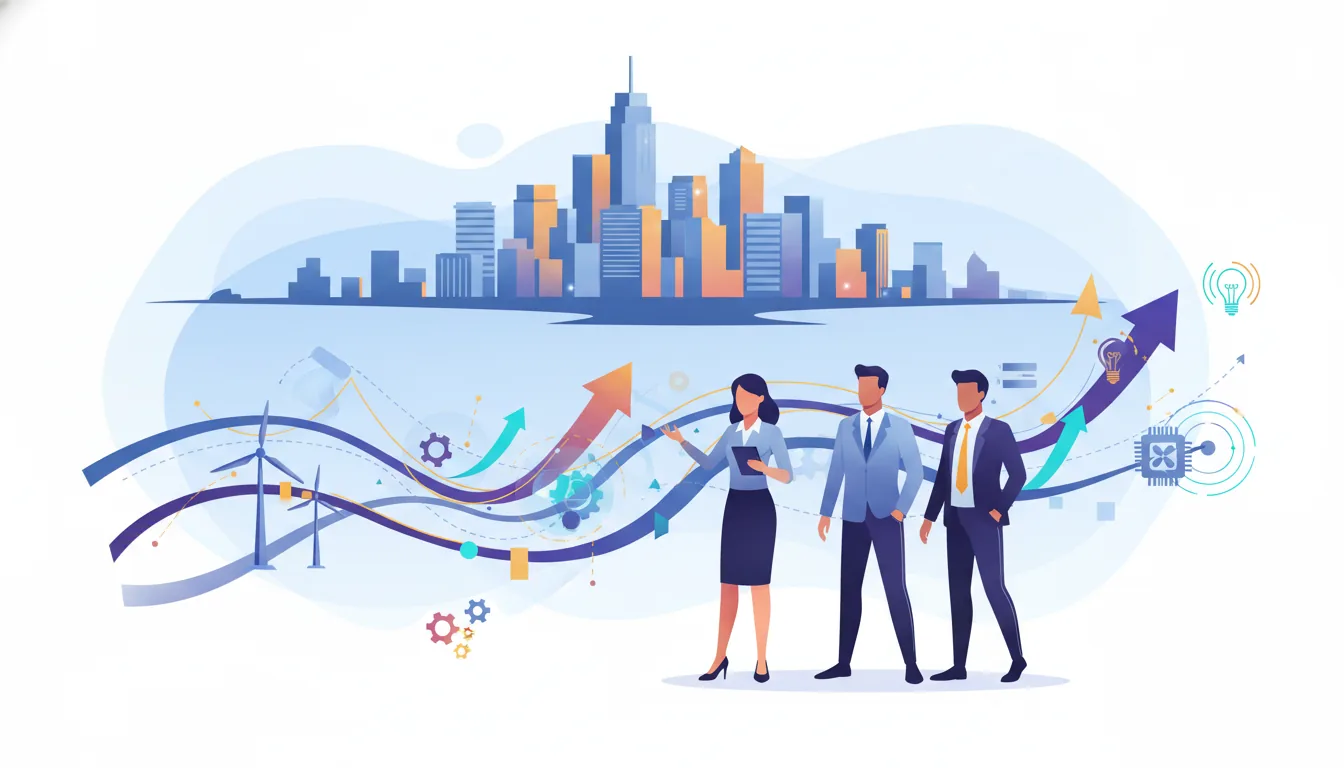 Editorial illustration of the Erie job market with local industry and data motifs
