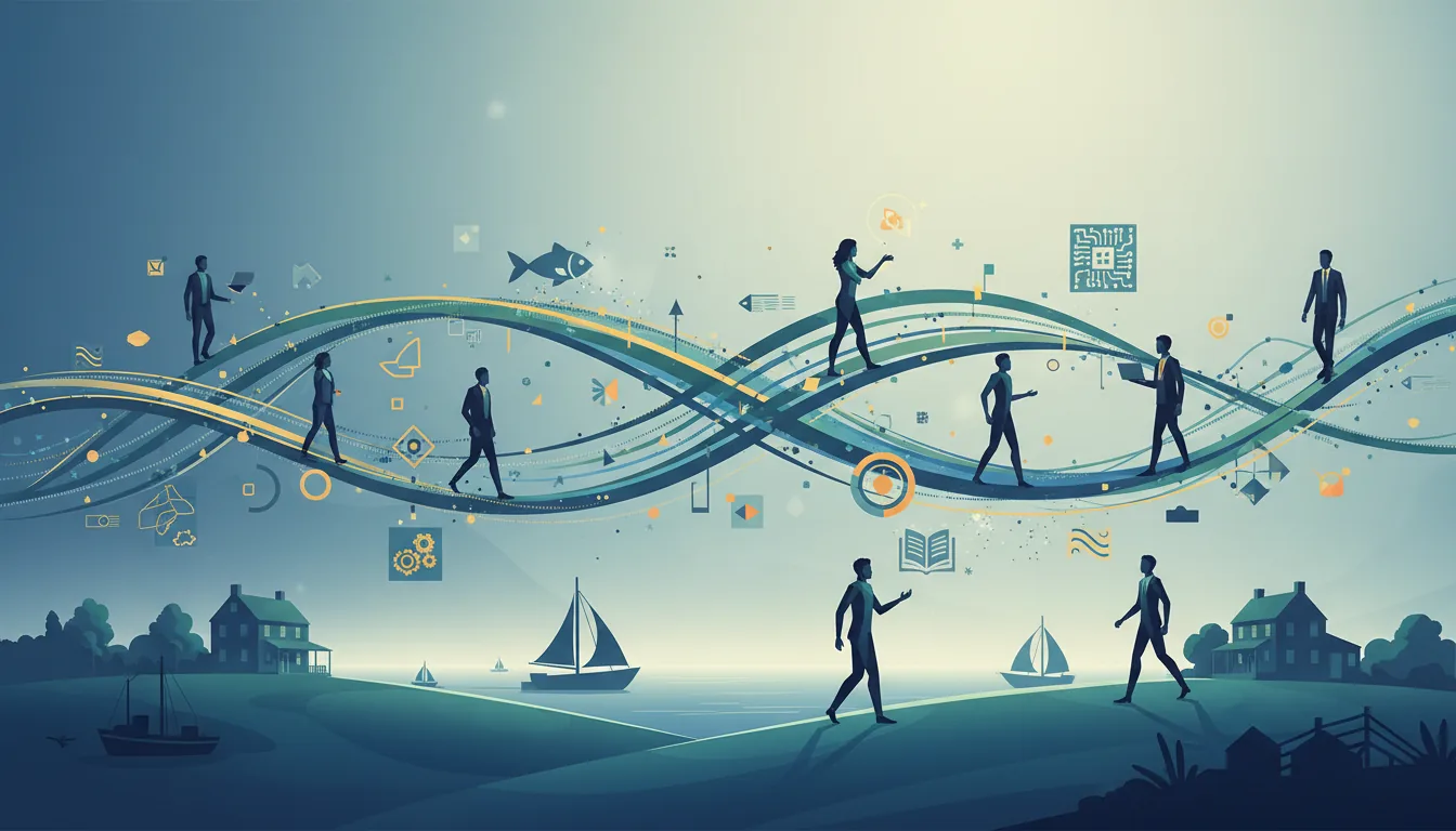 Editorial illustration of the Essex (MA) job market with local industry and data motifs