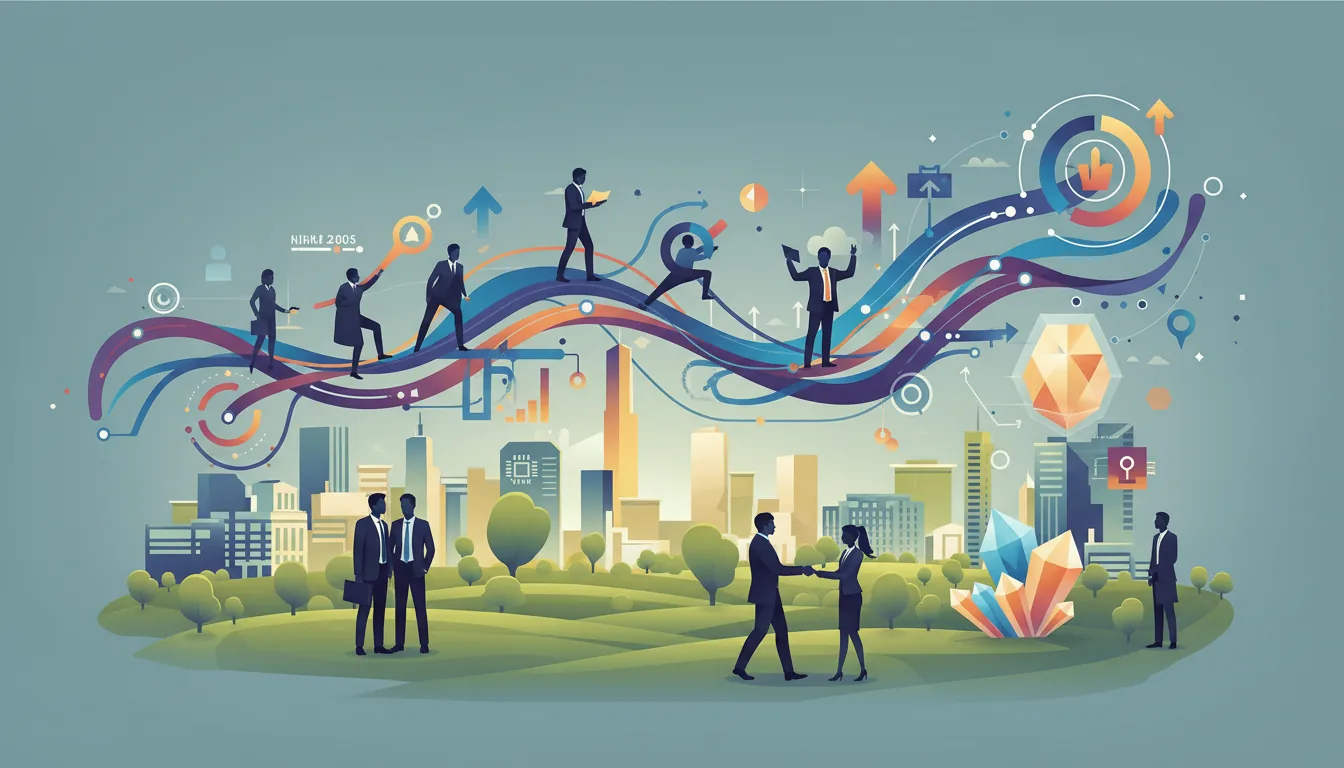 Editorial illustration of the Fairfax job market with local industry and data motifs