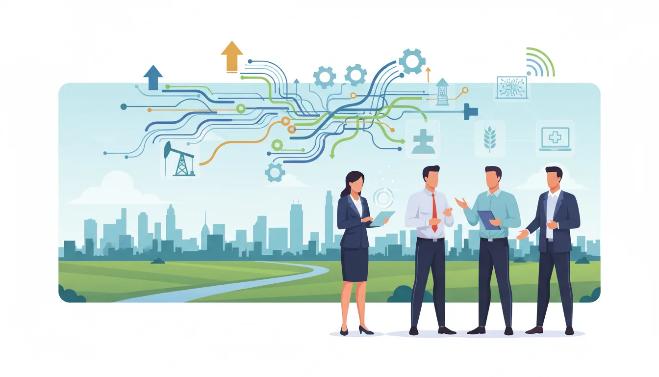 Editorial illustration of the Fort Bend job market with local industry and data motifs
