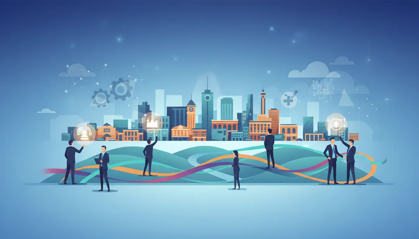 Editorial illustration of the Franklin job market with local industry and data motifs