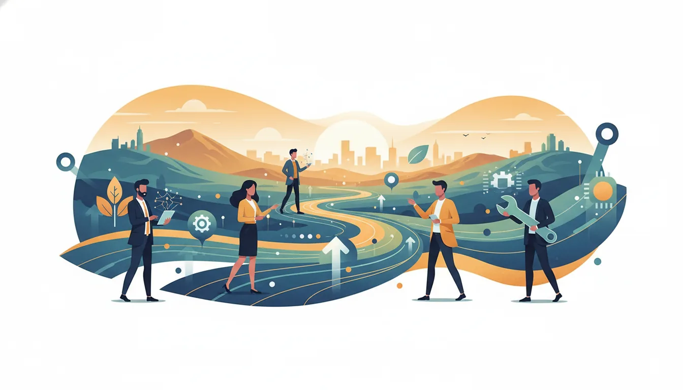 Editorial illustration of the Fresno job market with local industry and data motifs