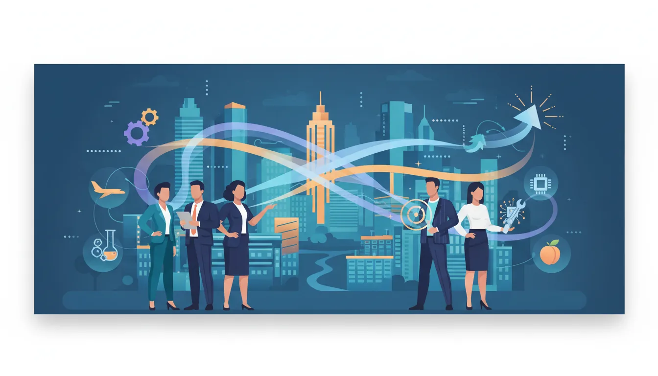 Editorial illustration of the Fulton job market with local industry and data motifs