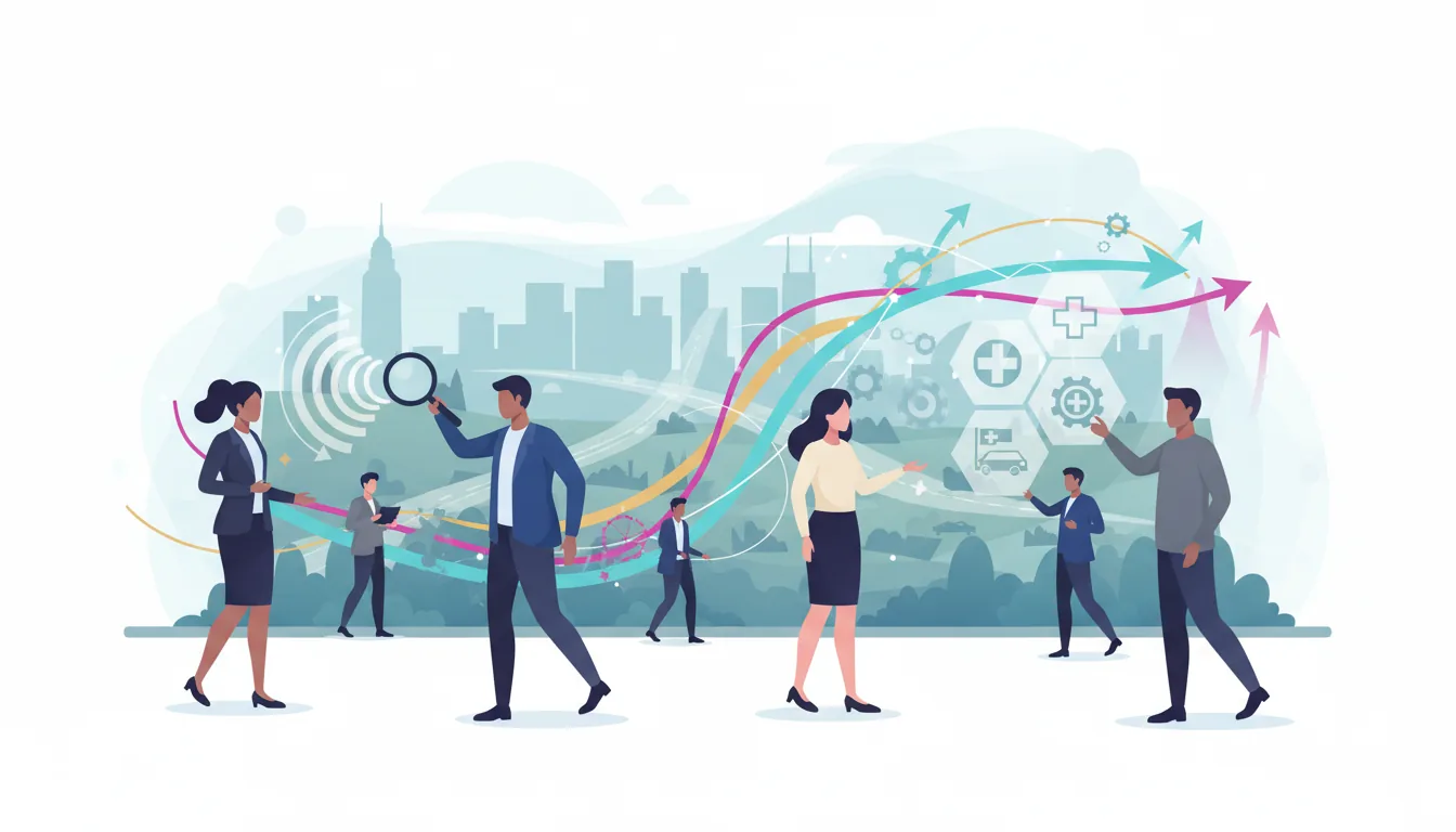 Editorial illustration of the Gwinnett job market with local industry and data motifs