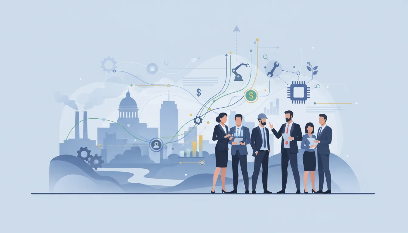 Editorial illustration of the Hamilton job market with local industry and data motifs