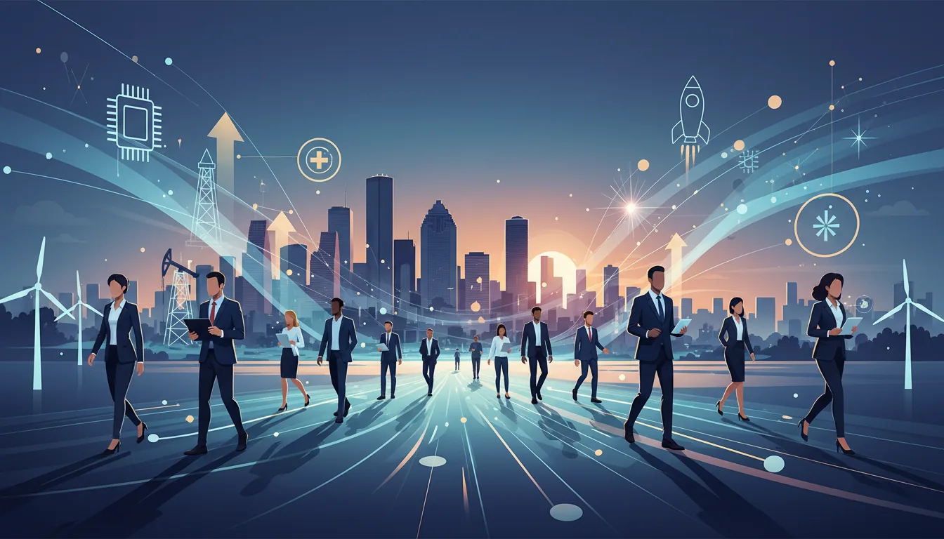Editorial illustration of the Harris job market with local industry and data motifs