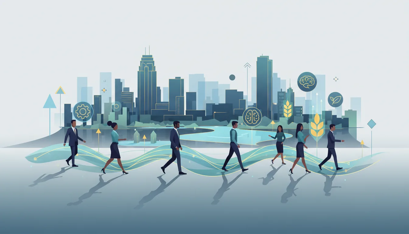 Editorial illustration of the Hennepin job market with local industry and data motifs