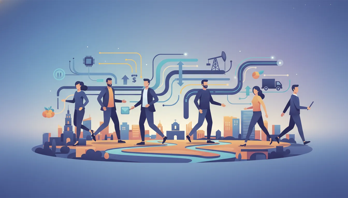 Editorial illustration of the Hidalgo job market with local industry and data motifs