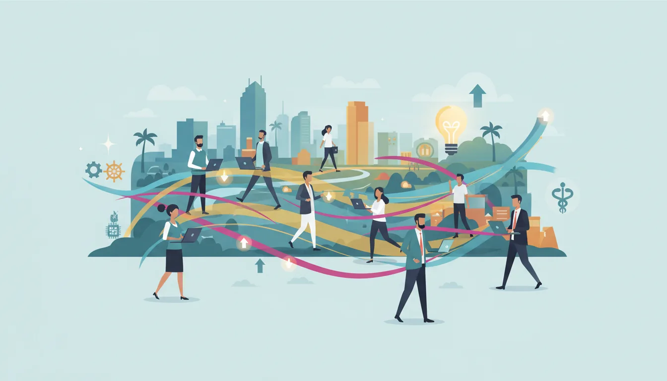 Editorial illustration of the Hillsborough job market with local industry and data motifs