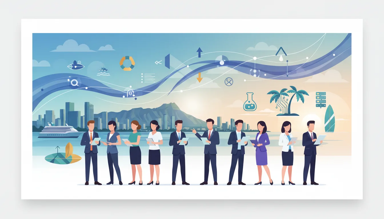 Editorial illustration of the Honolulu job market with local industry and data motifs