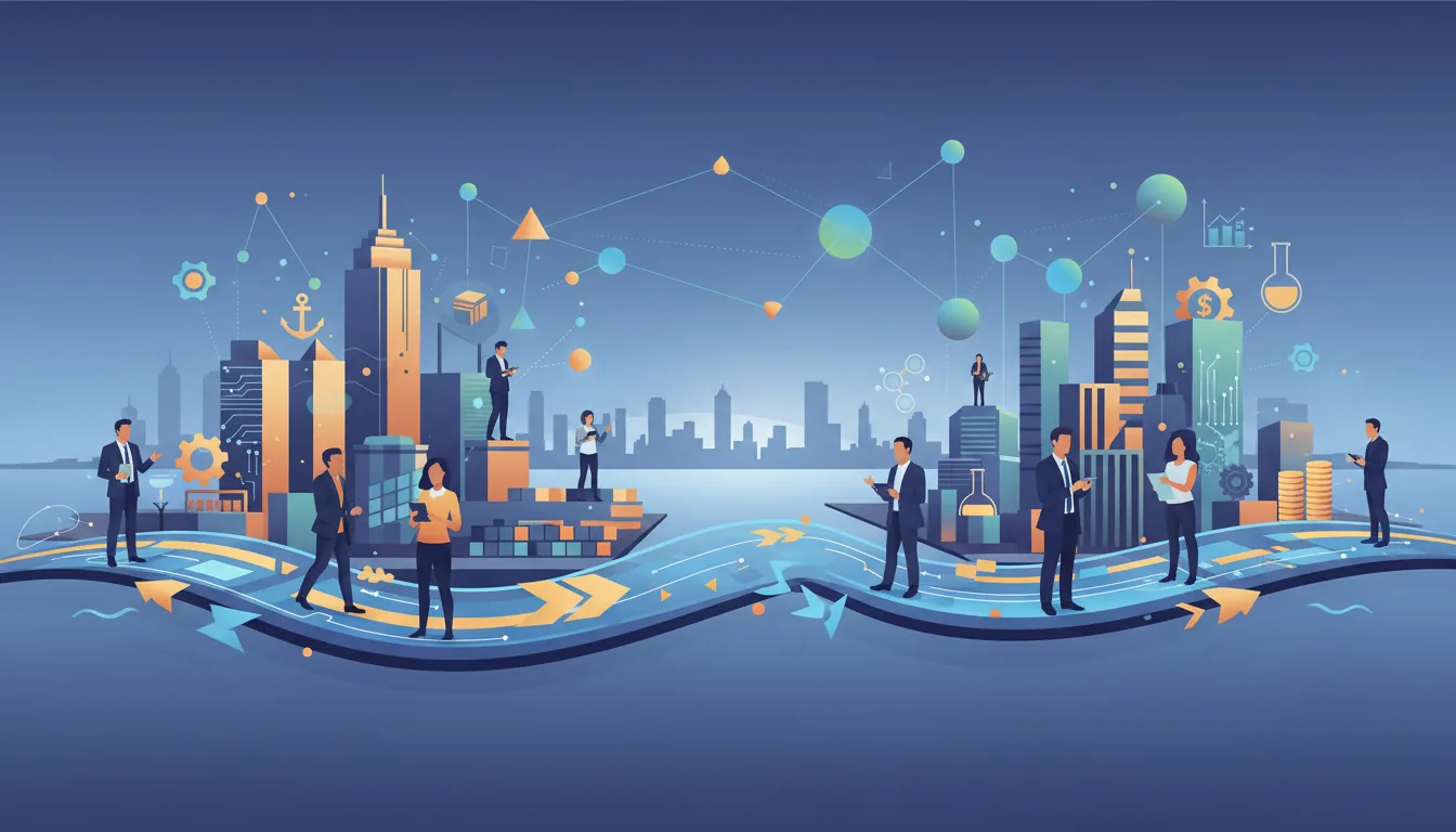 Editorial illustration of the Hudson job market with local industry and data motifs