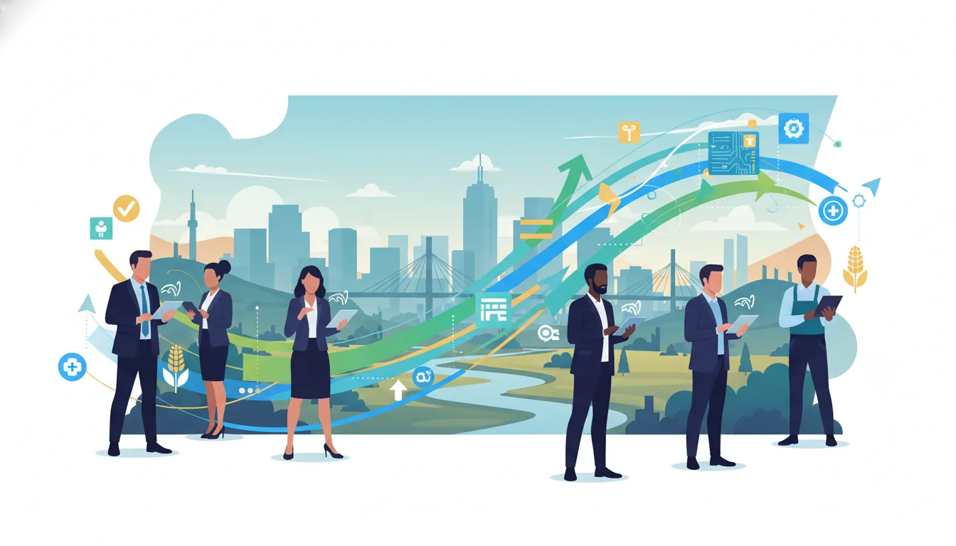 Editorial illustration of the Jackson job market with local industry and data motifs