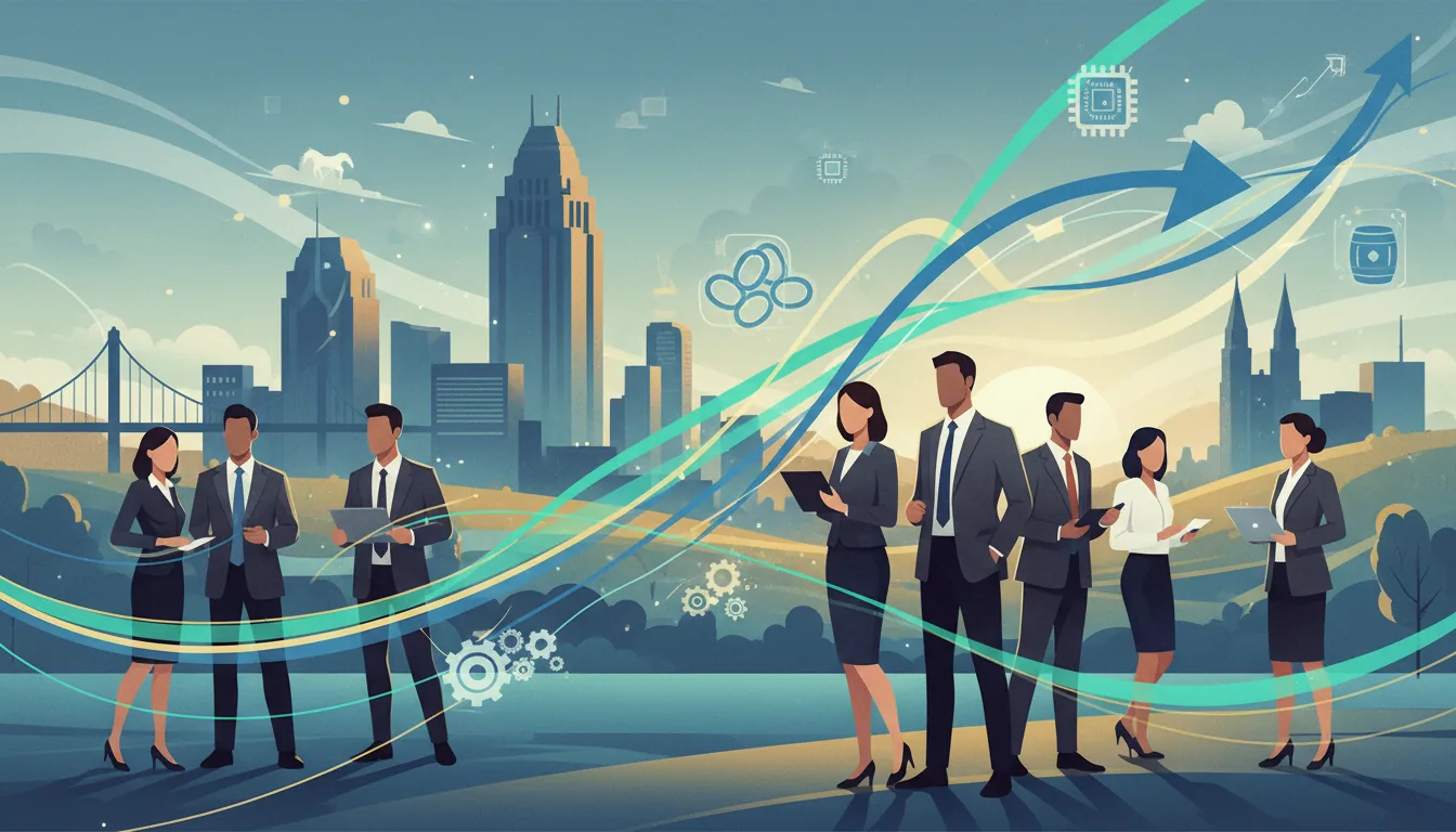 Editorial illustration of the Jefferson (KY) job market with local industry and data motifs