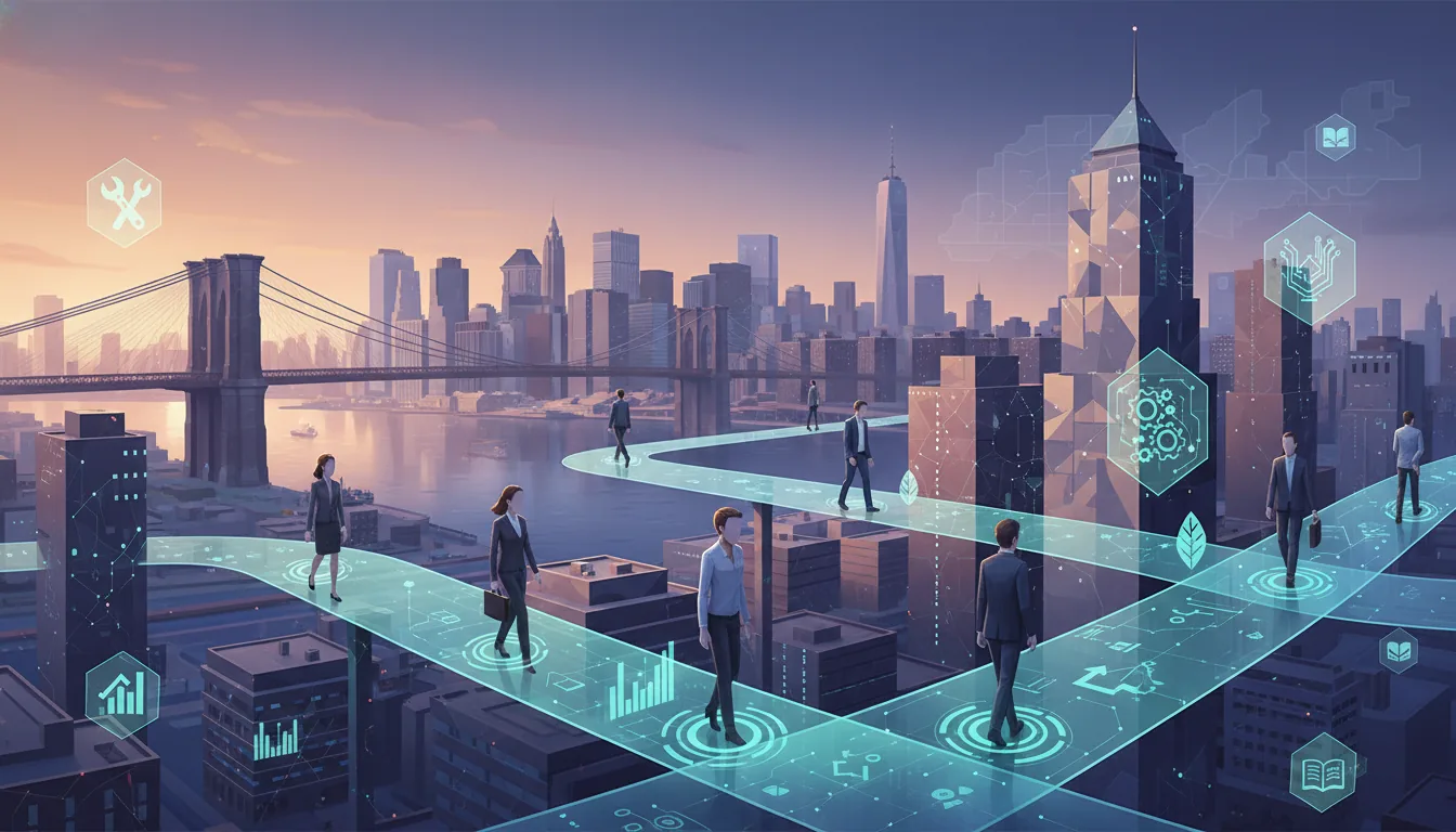 Editorial illustration of the Brooklyn job market with local industry and data motifs