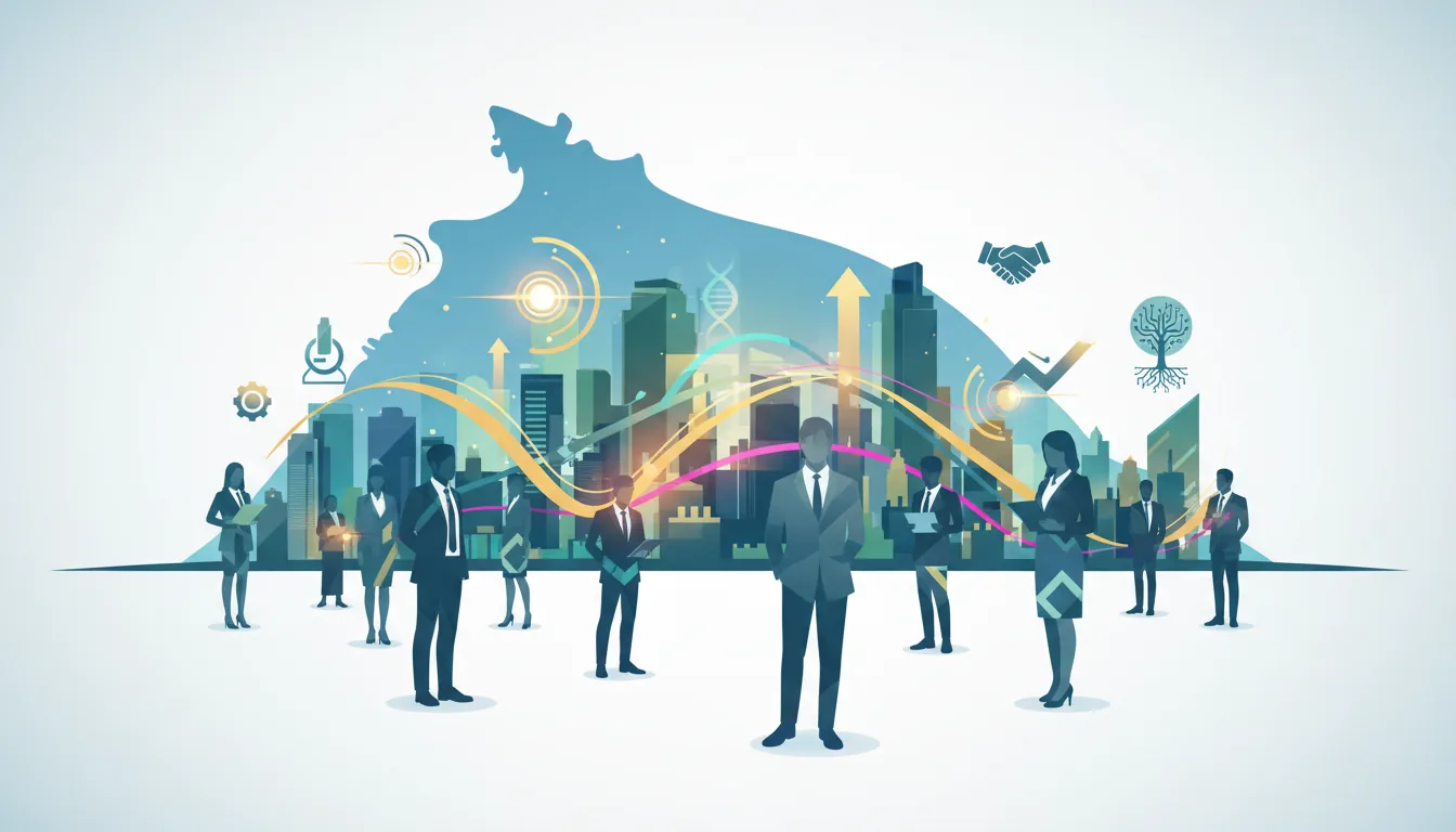 Editorial illustration of the Lake (IL) job market with local industry and data motifs