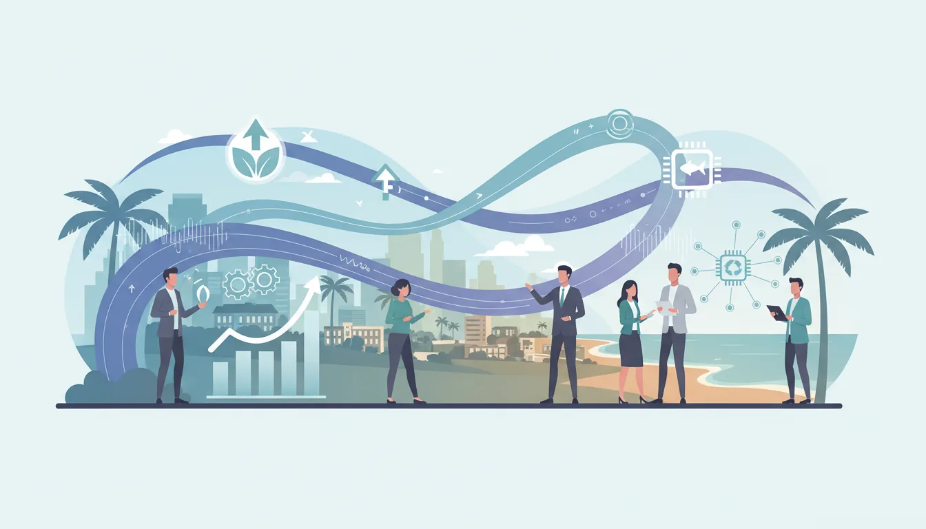 Editorial illustration of the Lee job market with local industry and data motifs