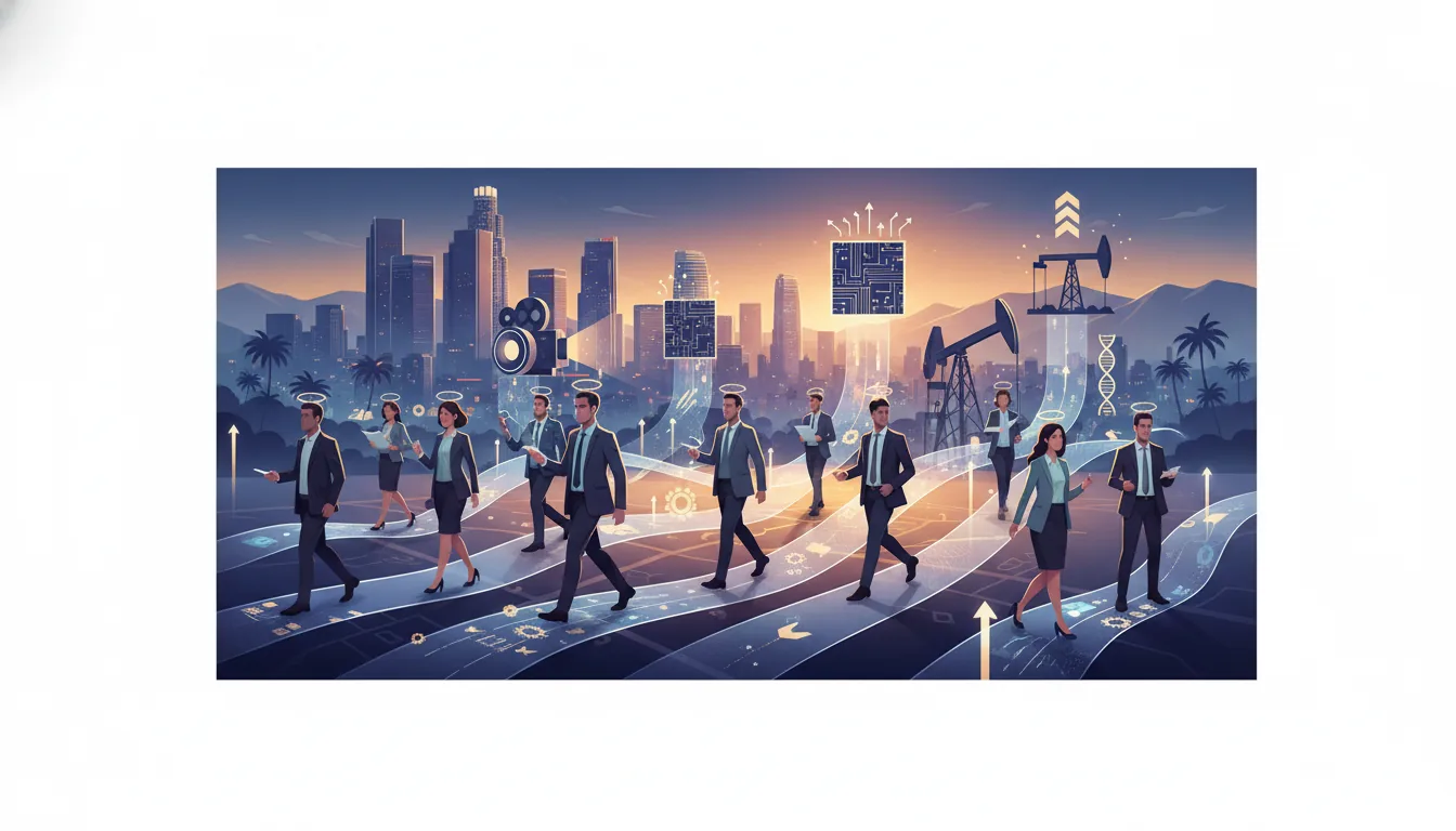 Editorial illustration of the Los Angeles job market with local industry and data motifs