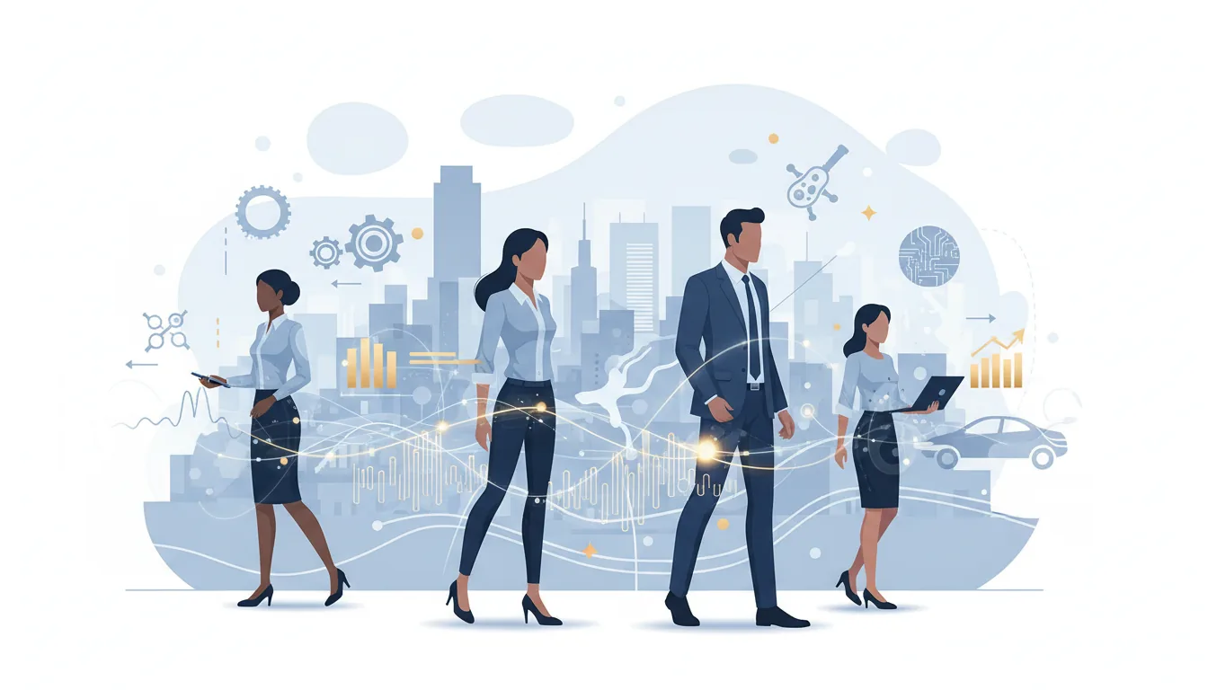 Editorial illustration of the Macomb job market with local industry and data motifs