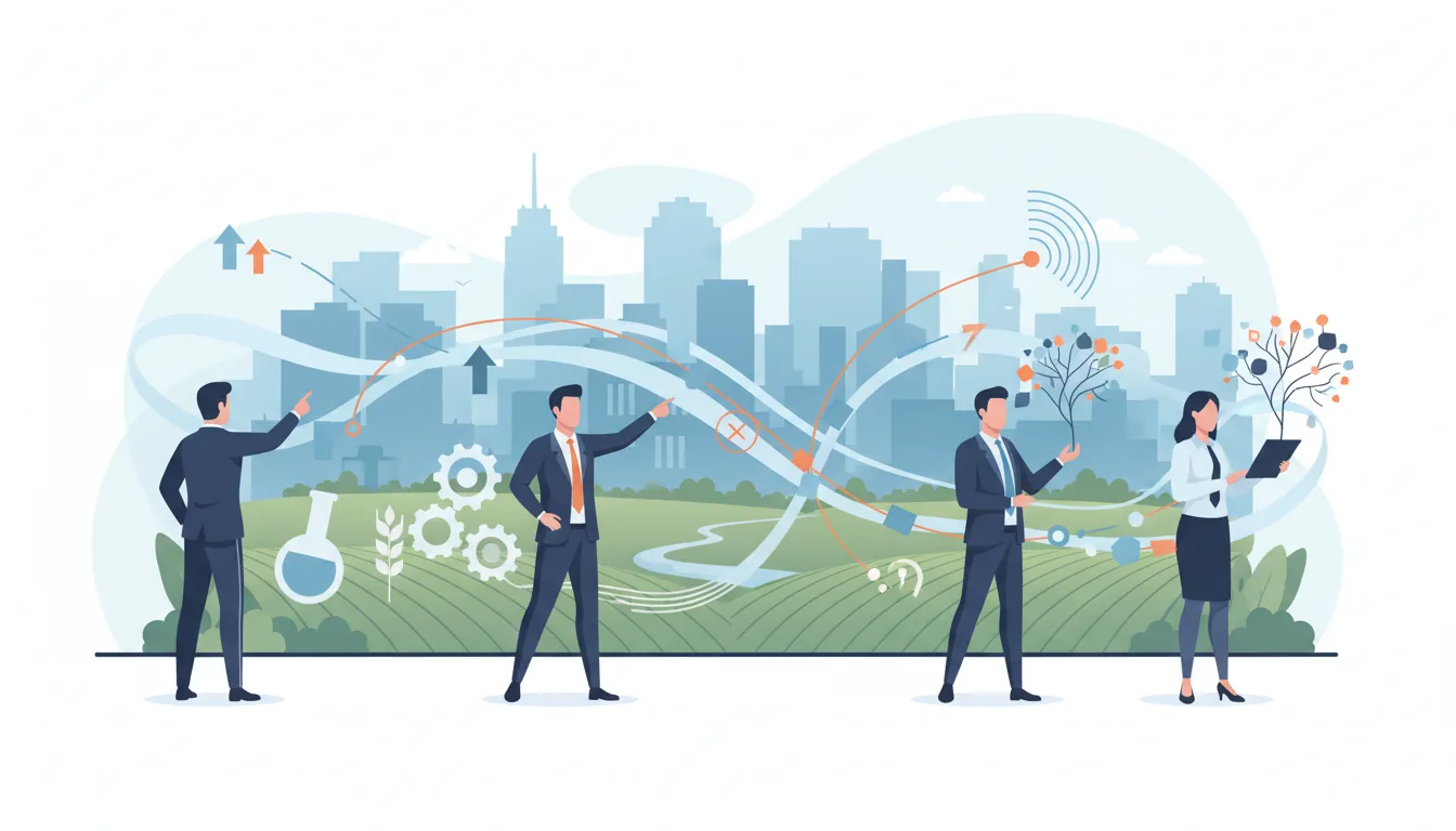 Editorial illustration of the Marion job market with local industry and data motifs