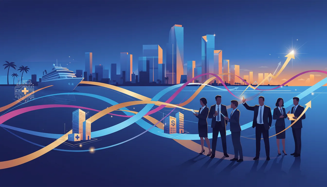 Editorial illustration of the Miami-Dade job market with local industry and data motifs