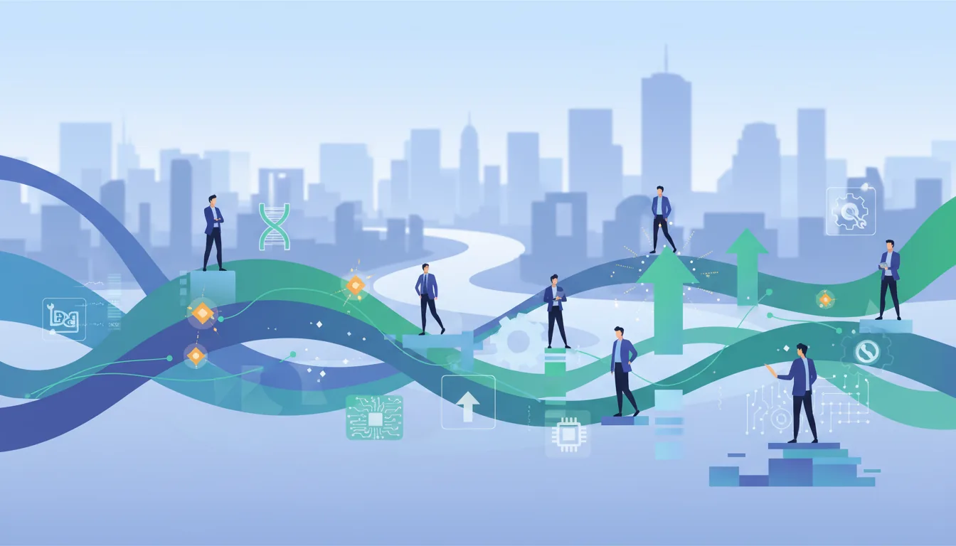 Editorial illustration of the Middlesex job market with local industry and data motifs