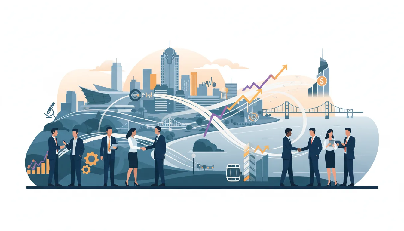 Editorial illustration of the Milwaukee job market with local industry and data motifs