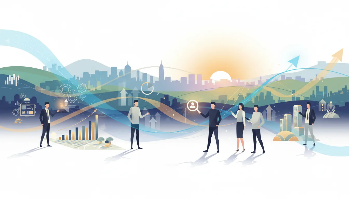 Editorial illustration of the Monroe job market with local industry and data motifs