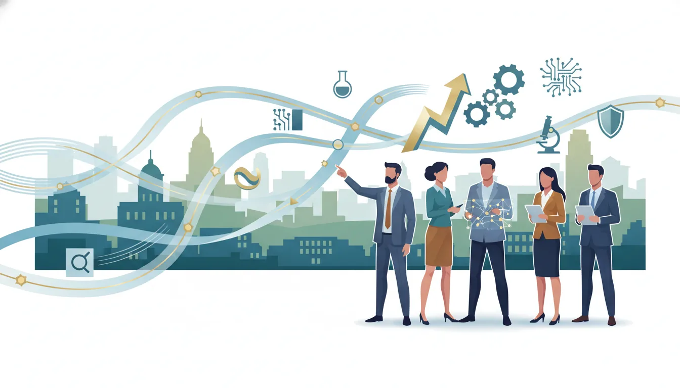 Editorial illustration of the Montgomery job market with local industry and data motifs