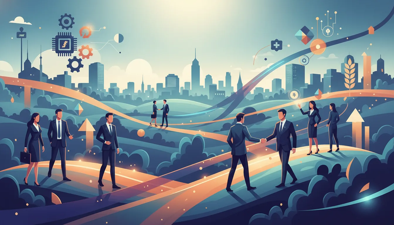 Editorial illustration of the Montgomery (PA) job market with local industry and data motifs