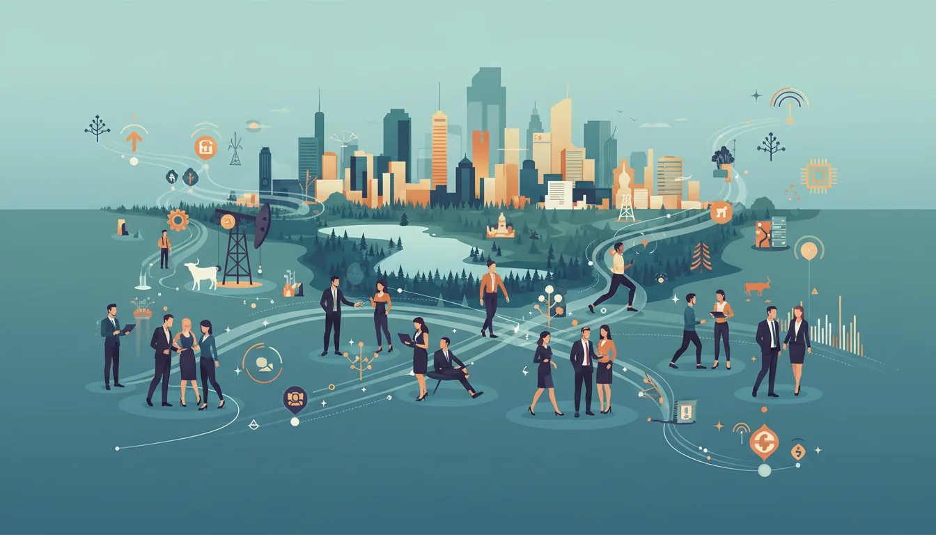 Editorial illustration of the Montgomery (TX) job market with local industry and data motifs