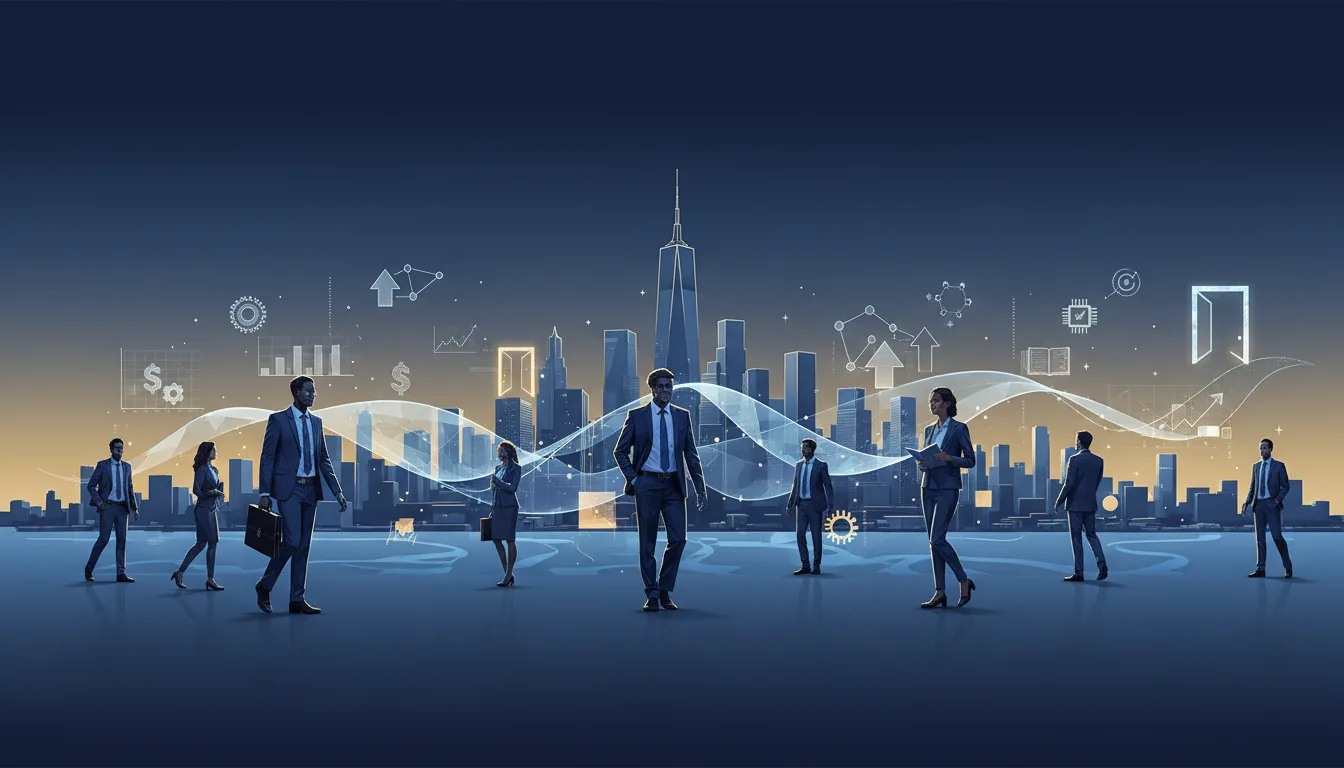 Editorial illustration of the Manhattan job market with local industry and data motifs