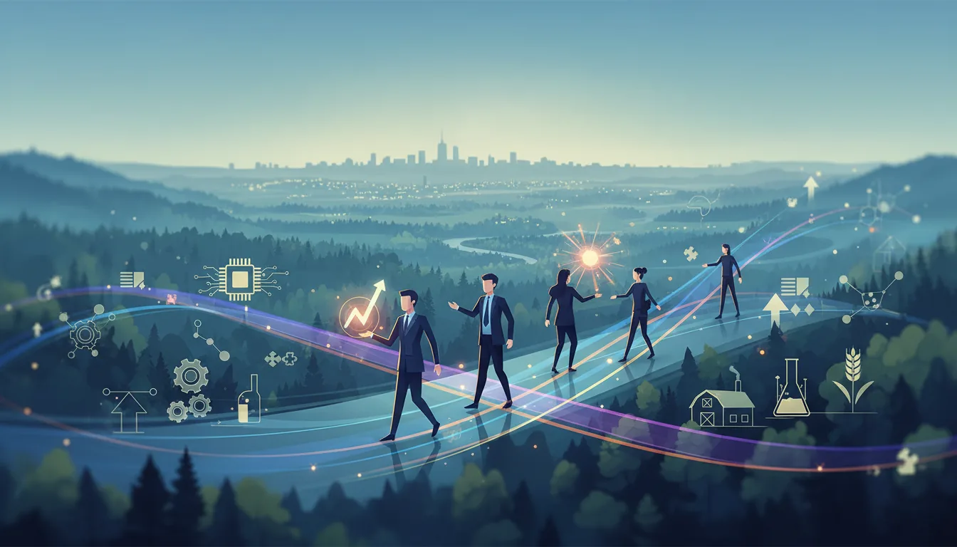 Editorial illustration of the Norfolk (MA) job market with local industry and data motifs