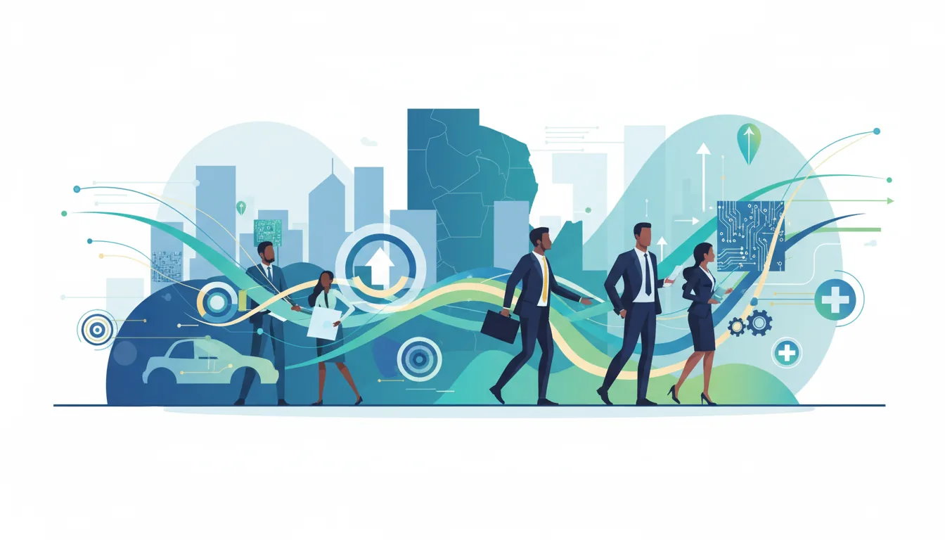 Editorial illustration of the Oakland job market with local industry and data motifs