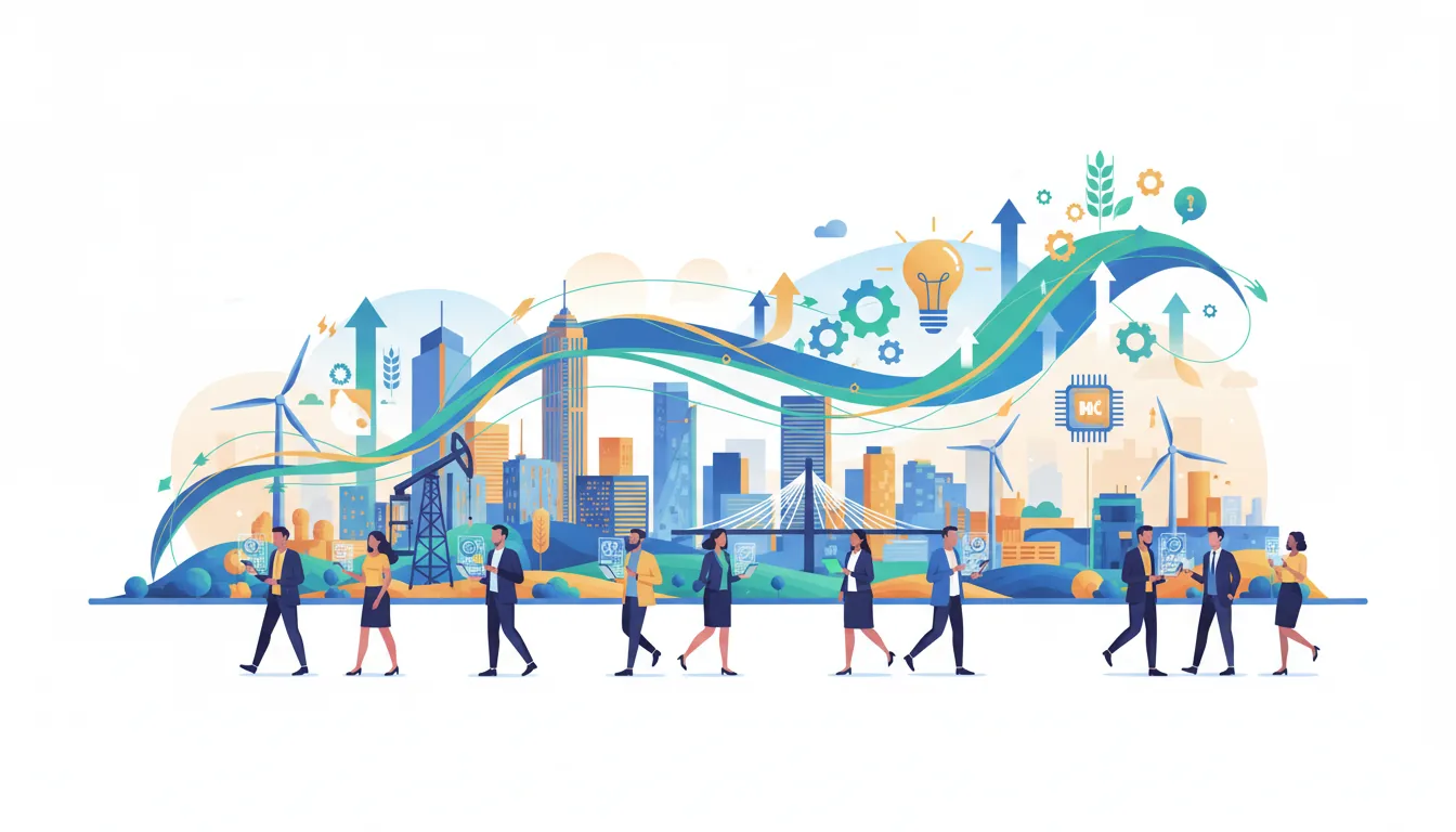 Editorial illustration of the Oklahoma job market with local industry and data motifs