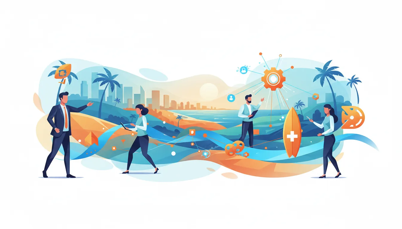Editorial illustration of the Orange County job market with local industry and data motifs