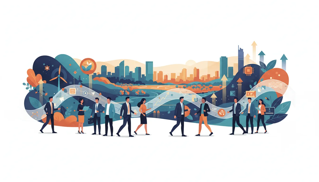Editorial illustration of the Orange (FL) job market with local industry and data motifs