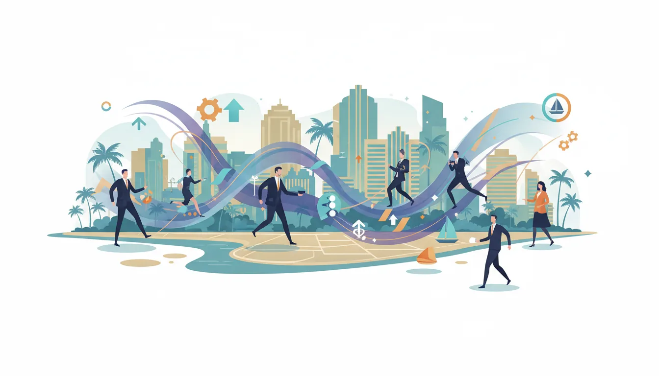 Editorial illustration of the Palm Beach job market with local industry and data motifs