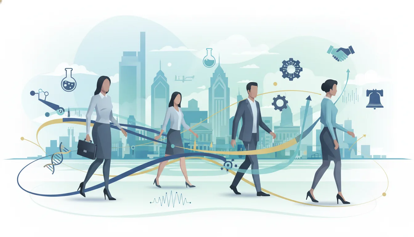 Editorial illustration of the Philadelphia job market with local industry and data motifs