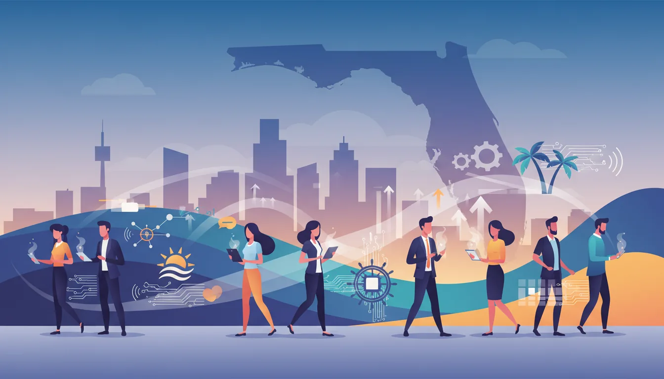 Editorial illustration of the Pinellas job market with local industry and data motifs
