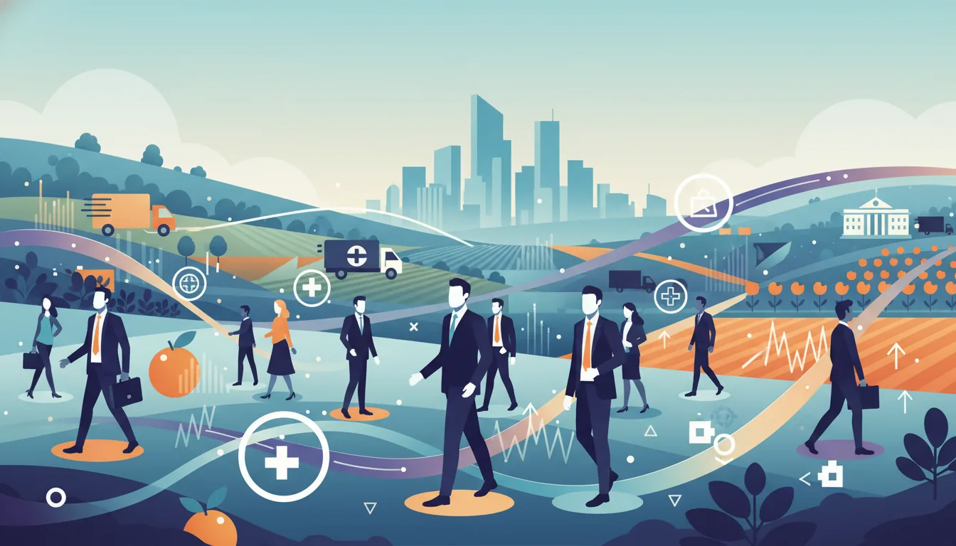 Editorial illustration of the Polk job market with local industry and data motifs