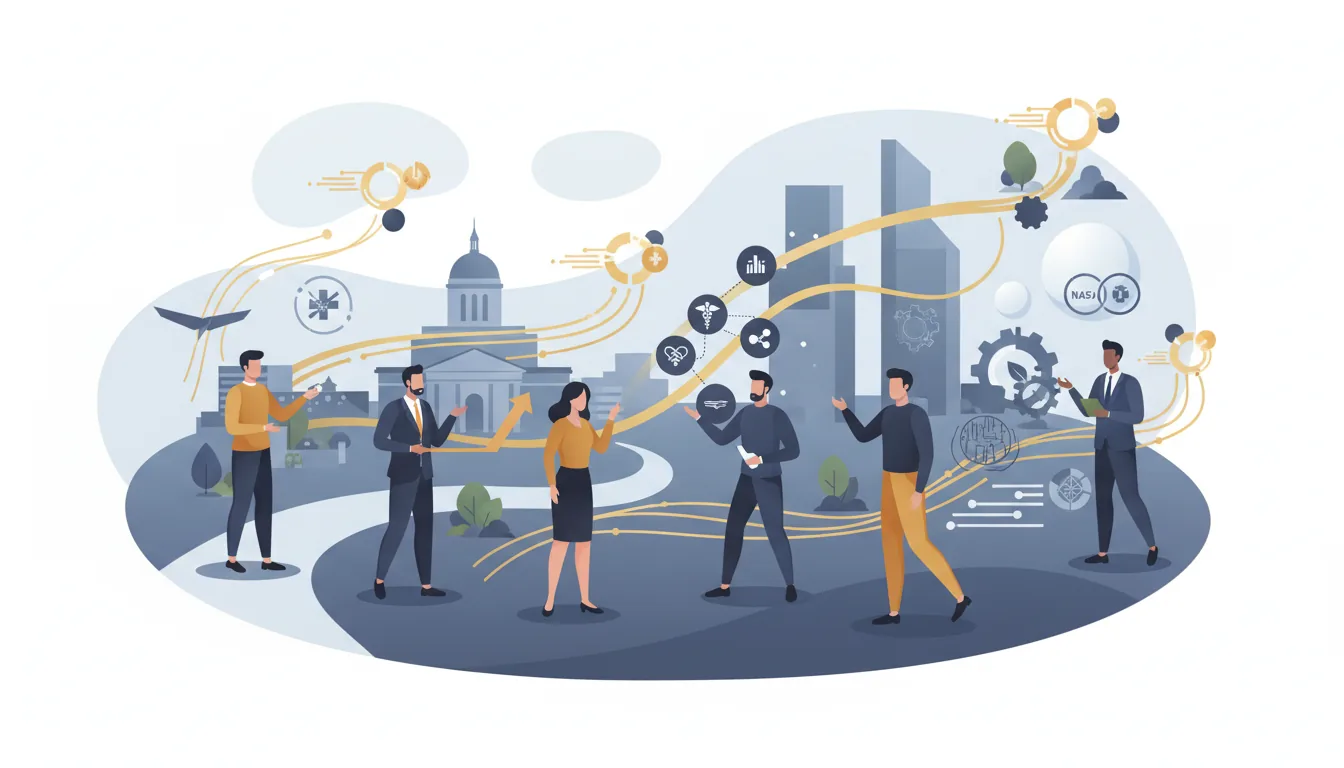 Editorial illustration of the Prince George's job market with local industry and data motifs