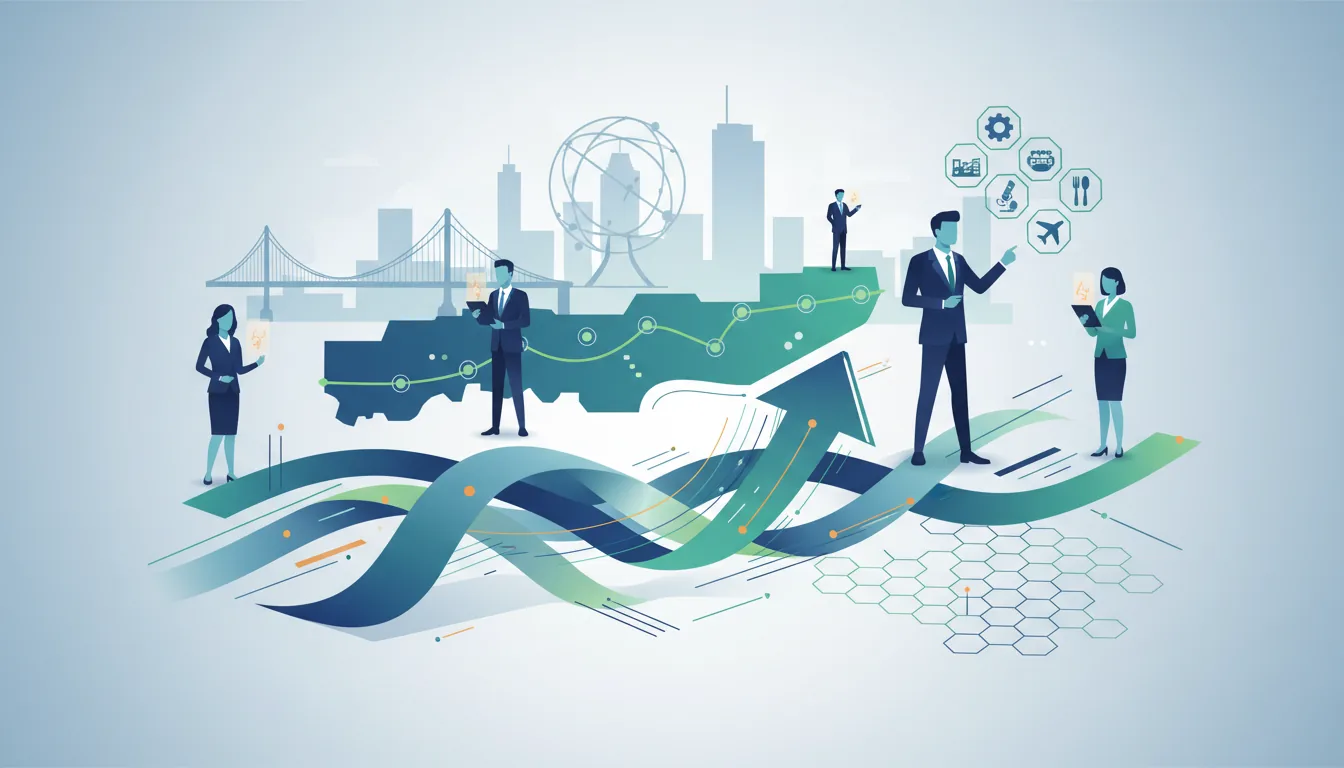 Editorial illustration of the Queens job market with local industry and data motifs