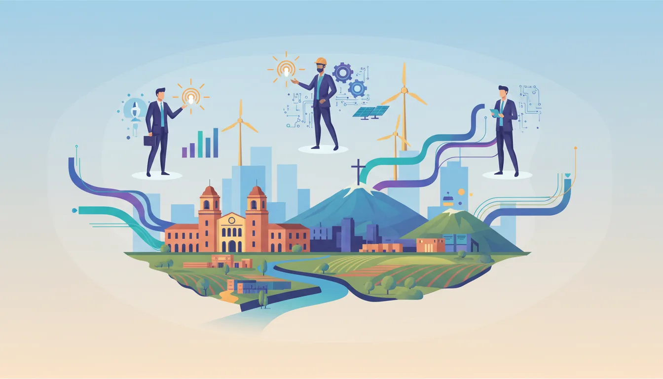 Editorial illustration of the Riverside job market with local industry and data motifs