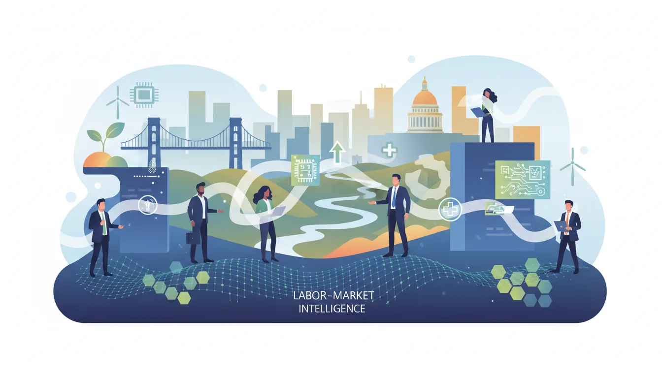 Editorial illustration of the Sacramento job market with local industry and data motifs