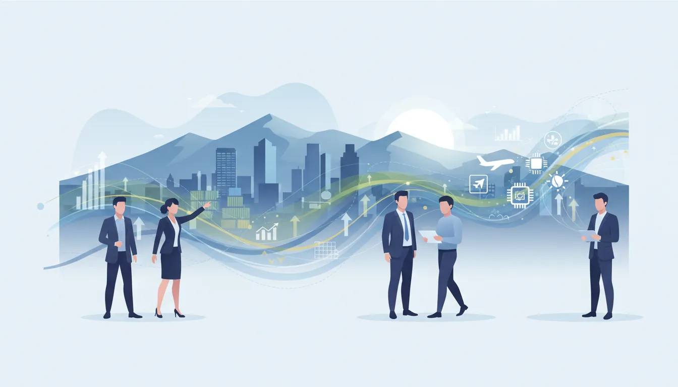 Editorial illustration of the San Bernardino job market with local industry and data motifs