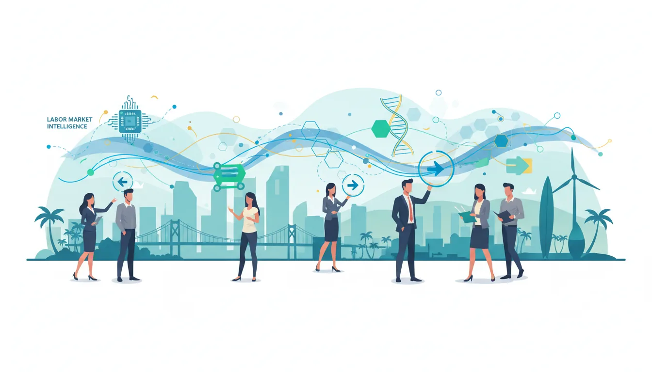 Editorial illustration of the San Diego job market with local industry and data motifs