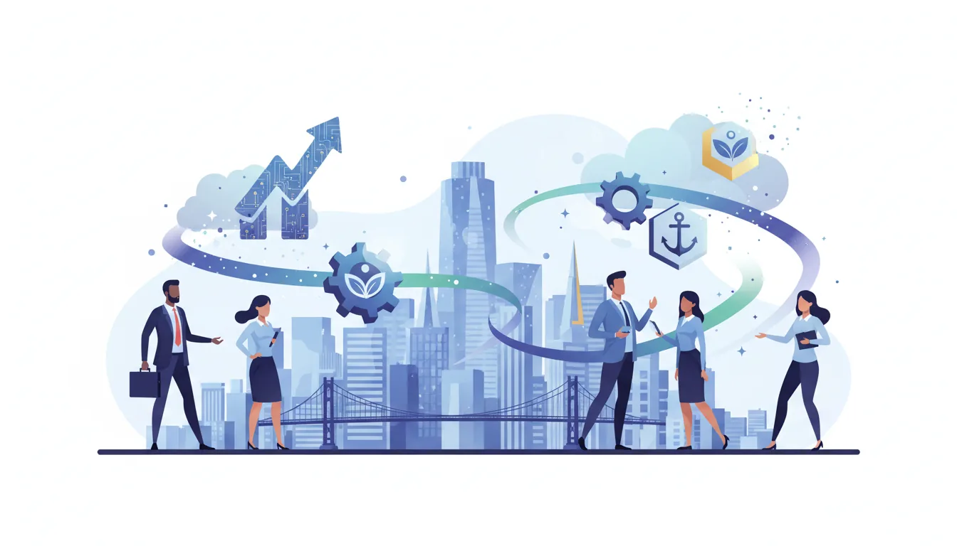 Editorial illustration of the San Francisco job market with local industry and data motifs