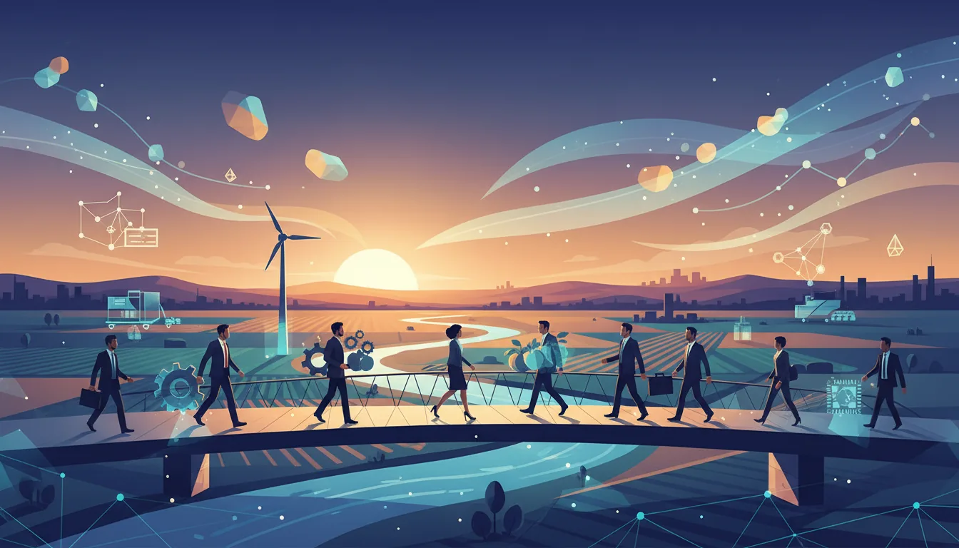 Editorial illustration of the San Joaquin job market with local industry and data motifs